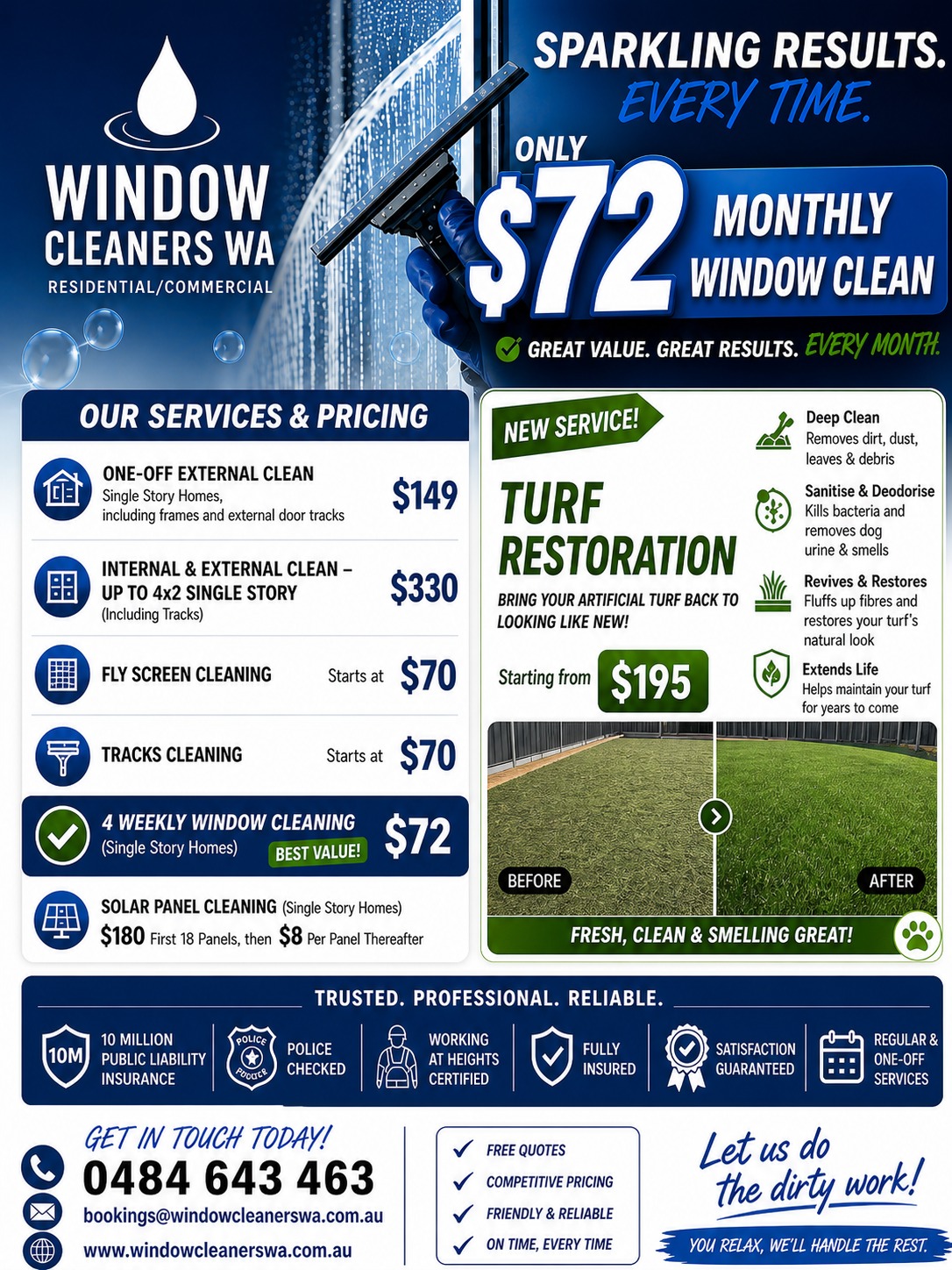 Window Cleaners WA pricing including artificial turf restoration from $195